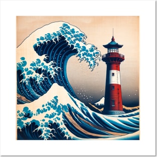 Kanagawa Lighthouse Wave - Lighthouse Japanese Posters and Art